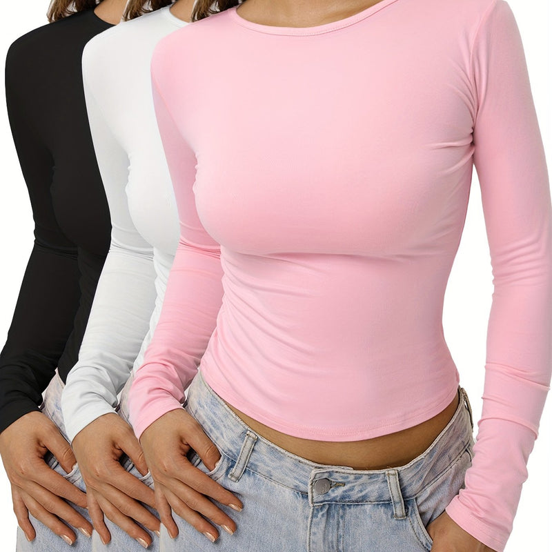 3Pcs Solid Color Basic Casual T-Shirts, Round Neck Long Sleeves Slight Stretch Sports Tees, Women's Tops