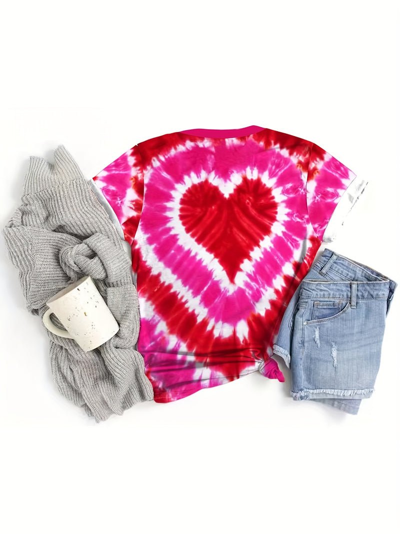 Heart Pattern Crew Neck T-Shirt, Casual Short Sleeve Top for Spring & Summer