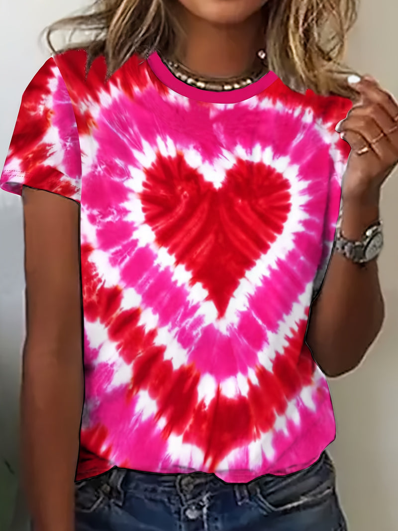 Heart Pattern Crew Neck T-Shirt, Casual Short Sleeve Top for Spring & Summer