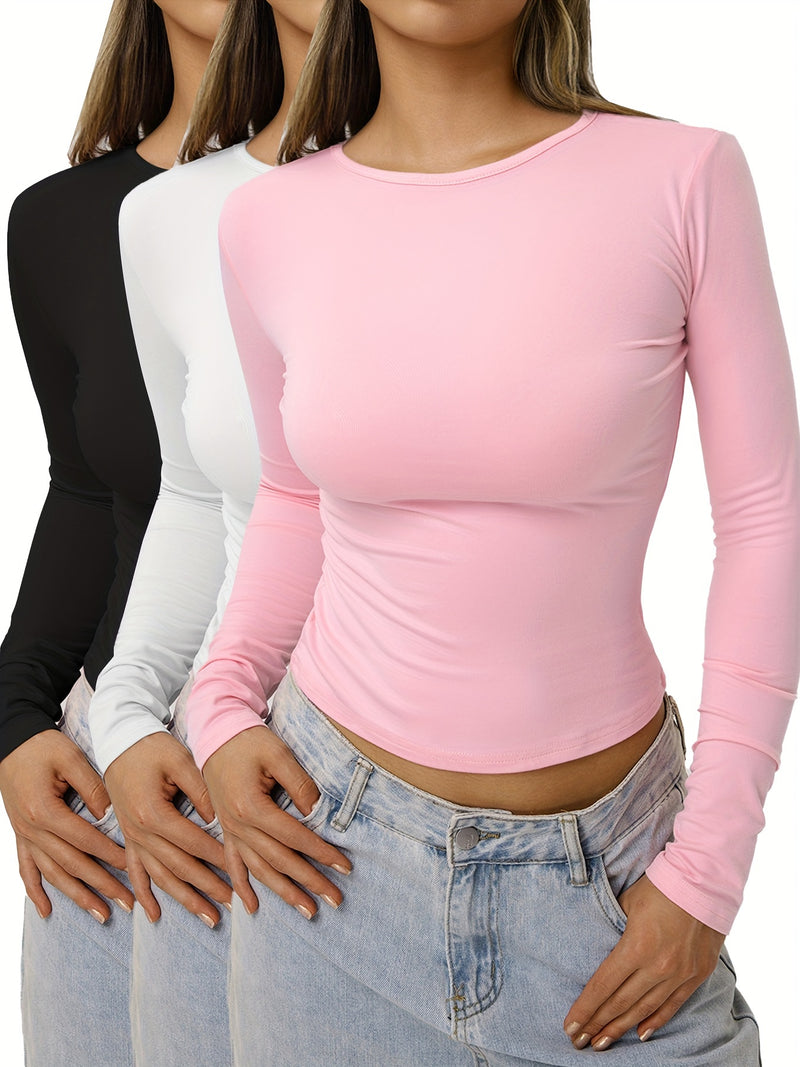 3Pcs Solid Color Basic Casual T-Shirts, Round Neck Long Sleeves Slight Stretch Sports Tees, Women's Tops