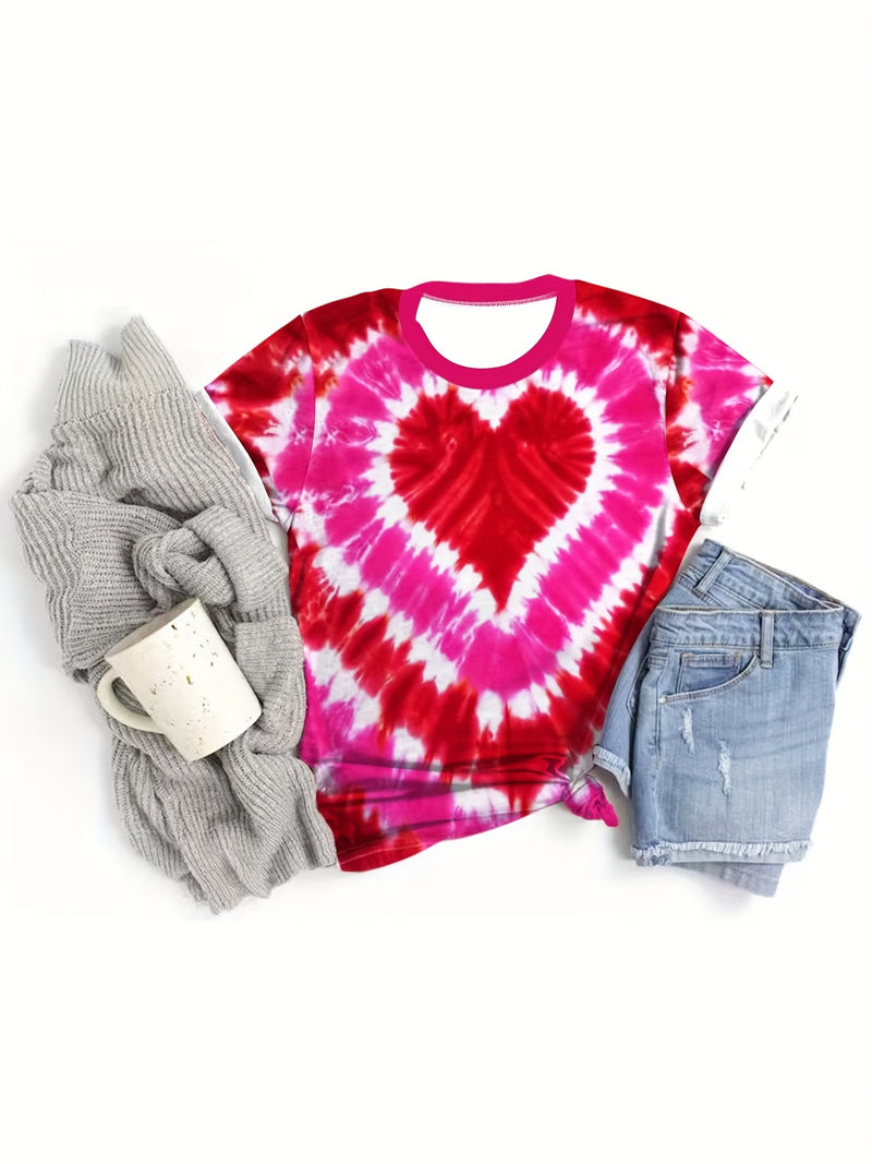 Heart Pattern Crew Neck T-Shirt, Casual Short Sleeve Top for Spring & Summer