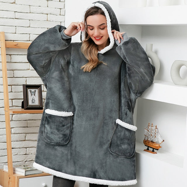 Oversized Hoodie Blanket With Sleeves Sweatshirt Plaid Winter Fleece For Women