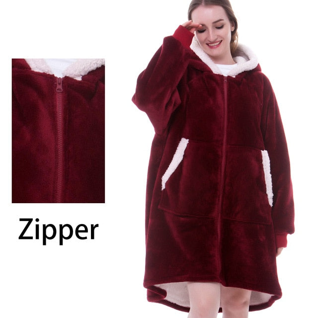 Oversized Hoodie Blanket With Sleeves Sweatshirt Plaid Winter Fleece For Women