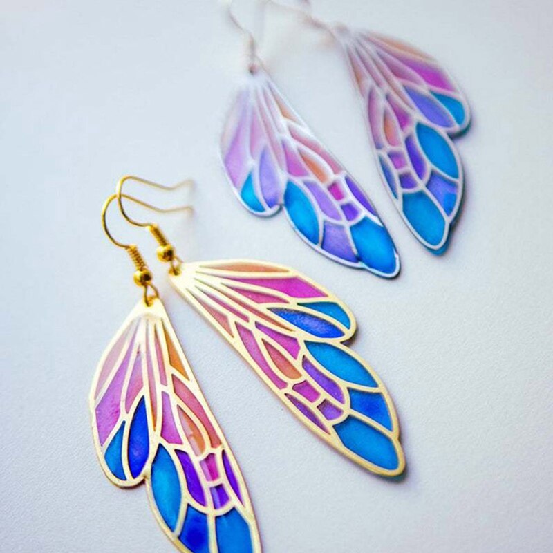 Temperament Fairy Long Earrings Butterfly Wings Drop Earrings Dreamy Gradient Color Asymmetric Earrings Romantic Bridal Jewelry