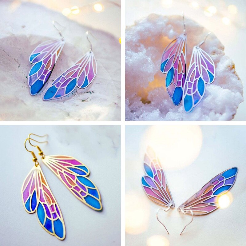 Temperament Fairy Long Earrings Butterfly Wings Drop Earrings Dreamy Gradient Color Asymmetric Earrings Romantic Bridal Jewelry