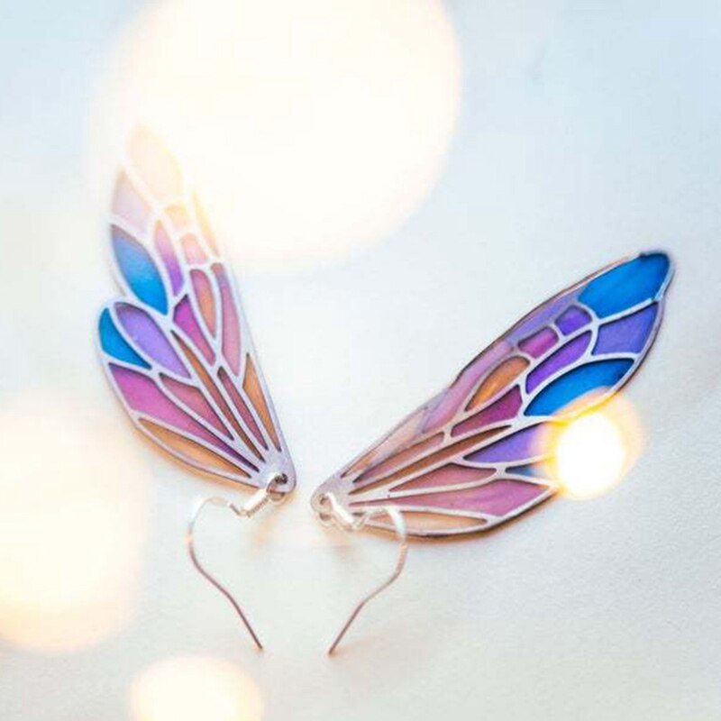 Temperament Fairy Long Earrings Butterfly Wings Drop Earrings Dreamy Gradient Color Asymmetric Earrings Romantic Bridal Jewelry