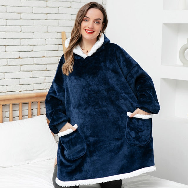 Oversized Hoodie Blanket With Sleeves Sweatshirt Plaid Winter Fleece For Women