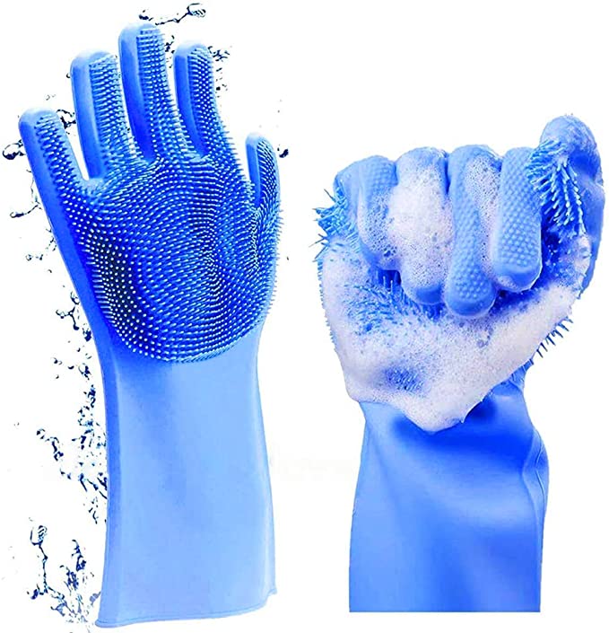 1Pair Dishwashing Cleaning Gloves Silicone Rubber Sponge Glove Household Scrubber