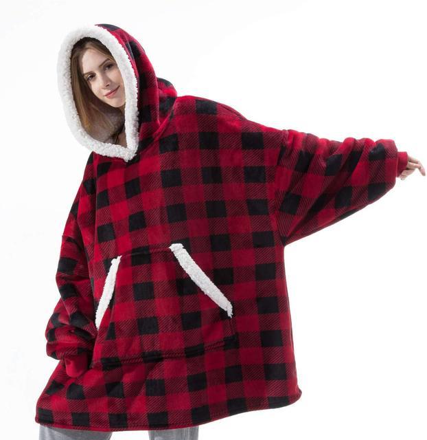 Oversized Hoodie Blanket With Sleeves Sweatshirt Plaid Winter Fleece For Women