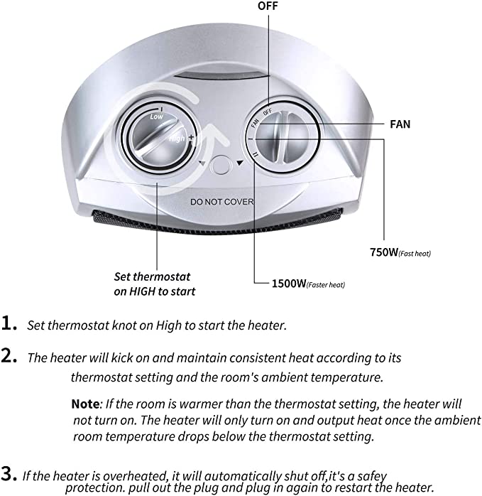 Portable Electric Space Heater with Thermostat 1500W/750W Safe and Quiet Ceramic Hearte