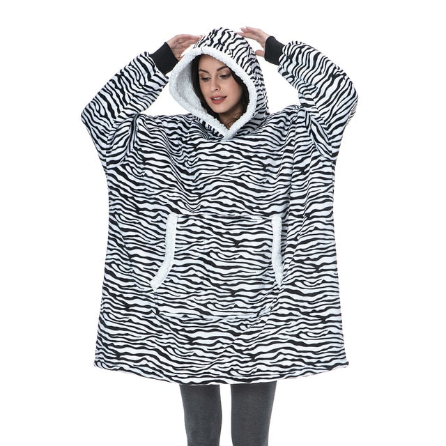 Oversized Hoodie Blanket With Sleeves Sweatshirt Plaid Winter Fleece For Women