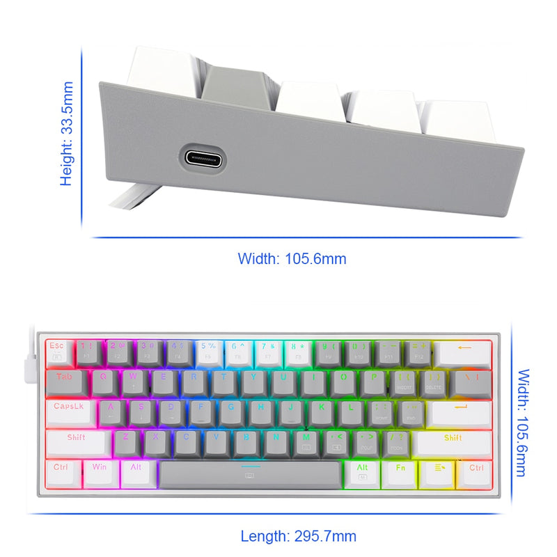 REDRAGON Fizz K617 RGB USB Mini Mechanical Gaming Keyboard Red Switch 61 Keys Wired detachable cable, portable for travel