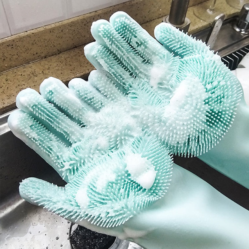 1Pair Dishwashing Cleaning Gloves Silicone Rubber Sponge Glove Household Scrubber