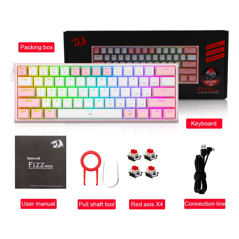 REDRAGON Fizz K617 RGB USB Mini Mechanical Gaming Keyboard Red Switch 61 Keys Wired detachable cable, portable for travel