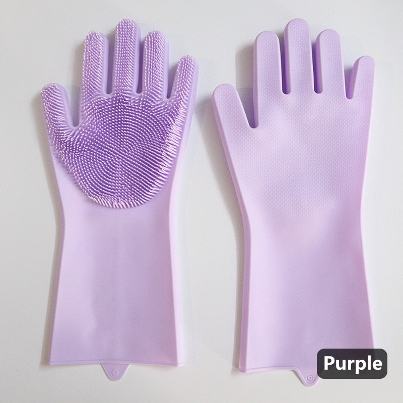 1Pair Dishwashing Cleaning Gloves Silicone Rubber Sponge Glove Household Scrubber