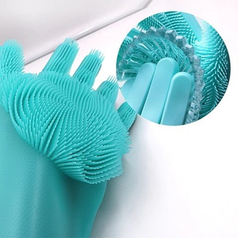 1Pair Dishwashing Cleaning Gloves Silicone Rubber Sponge Glove Household Scrubber