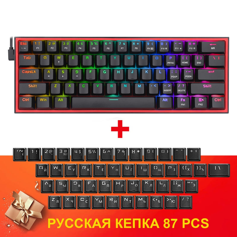 REDRAGON Fizz K617 RGB USB Mini Mechanical Gaming Keyboard Red Switch 61 Keys Wired detachable cable, portable for travel