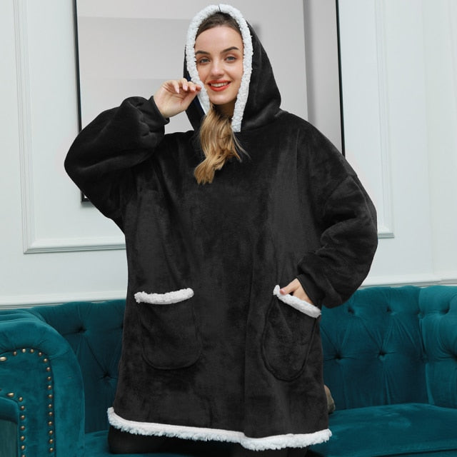 Oversized Hoodie Blanket With Sleeves Sweatshirt Plaid Winter Fleece For Women