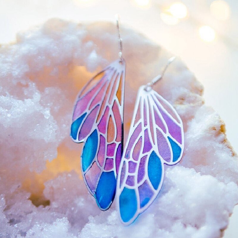 Temperament Fairy Long Earrings Butterfly Wings Drop Earrings Dreamy Gradient Color Asymmetric Earrings Romantic Bridal Jewelry