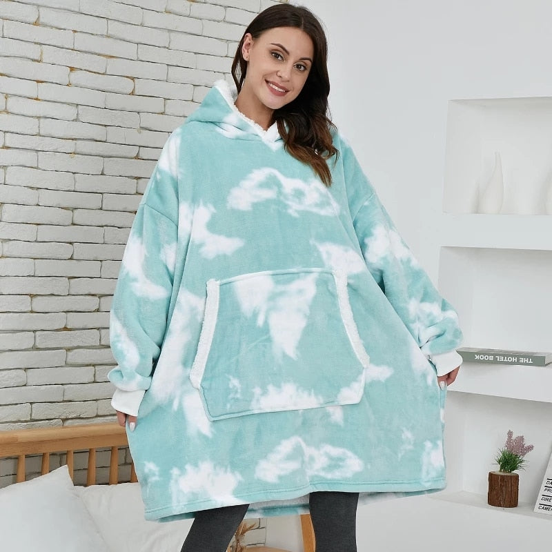 Oversized Hoodie Blanket With Sleeves Sweatshirt Plaid Winter Fleece For Women